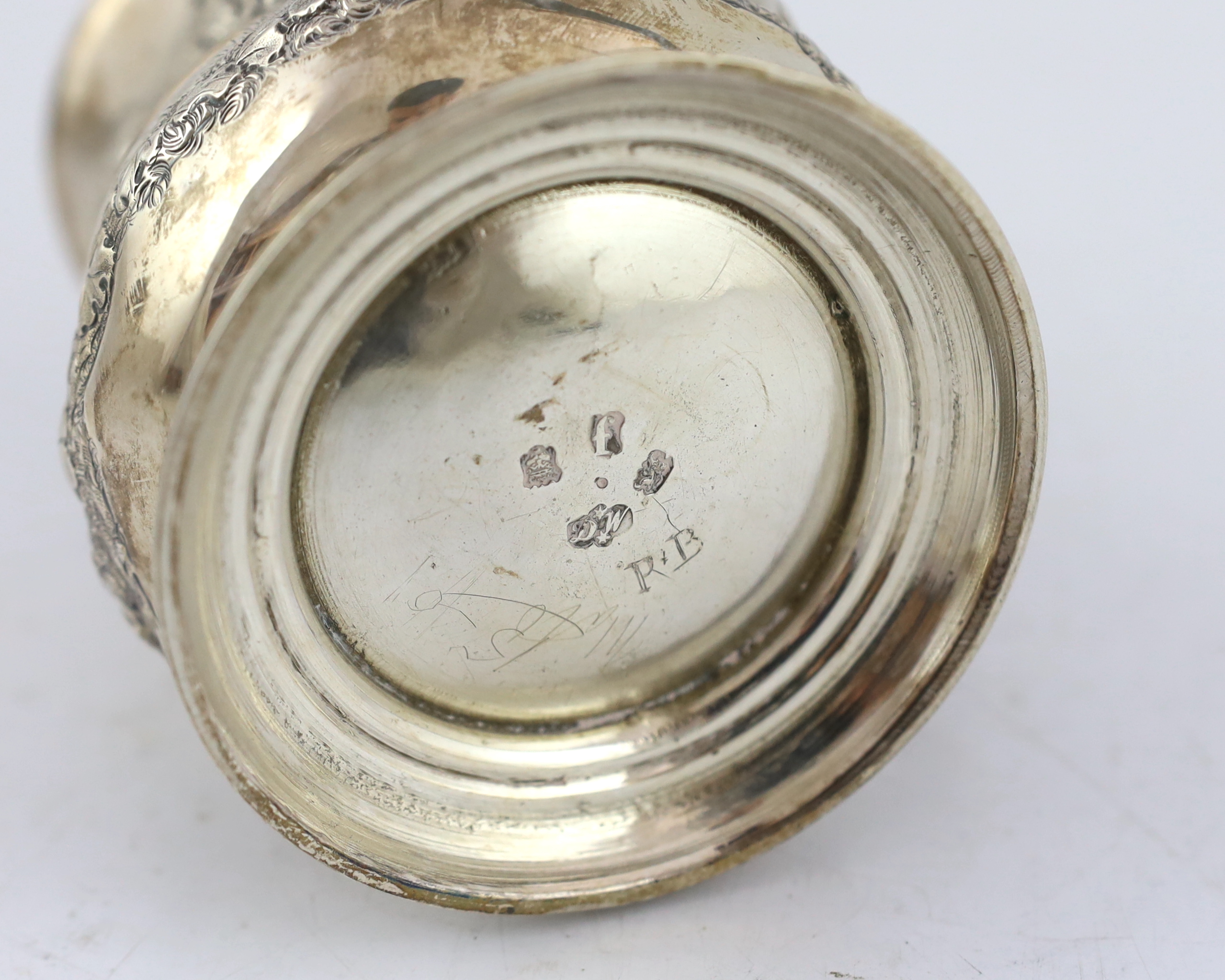 A George II silver baluster mug, by David Willaume II, later decorated with continuous countryside scene with hares and game birds